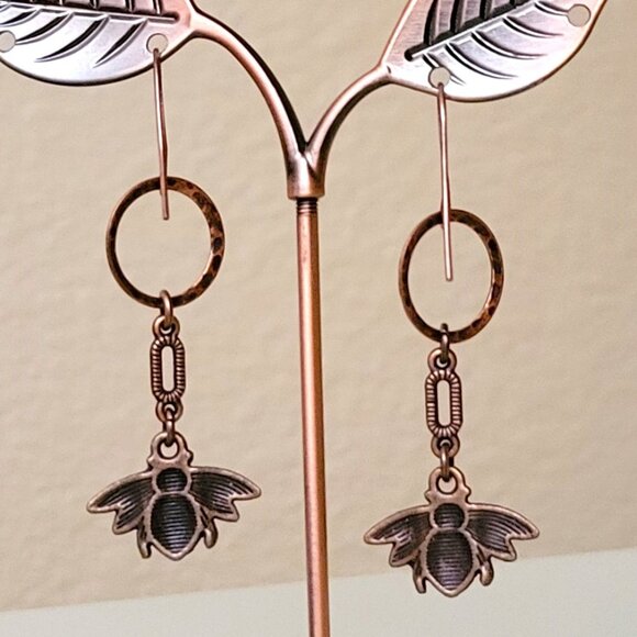 HONEY BEE Copper Charm Earrings Brass Hook Ear wires Bumble Bee, Insect - Picture 3 of 10